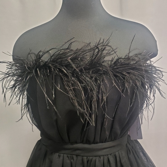 City Nation Black Party Mini Dress Features Feathers Sweetheart Neckline Size 12 - Picture 3 of 7